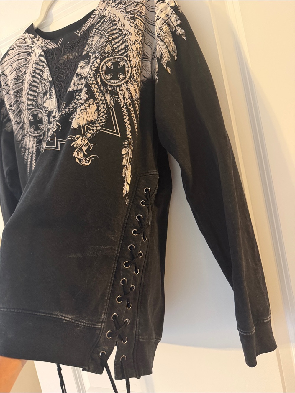 Affliction Black Lace-Up Sweatshirt with White Feathered Skull Graphic - Picture 4 of 4